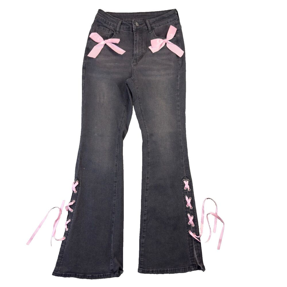 ROMWE Jeans Women's Medium 6 Black Flare Pink Bow Accents Distressed Wash Cute